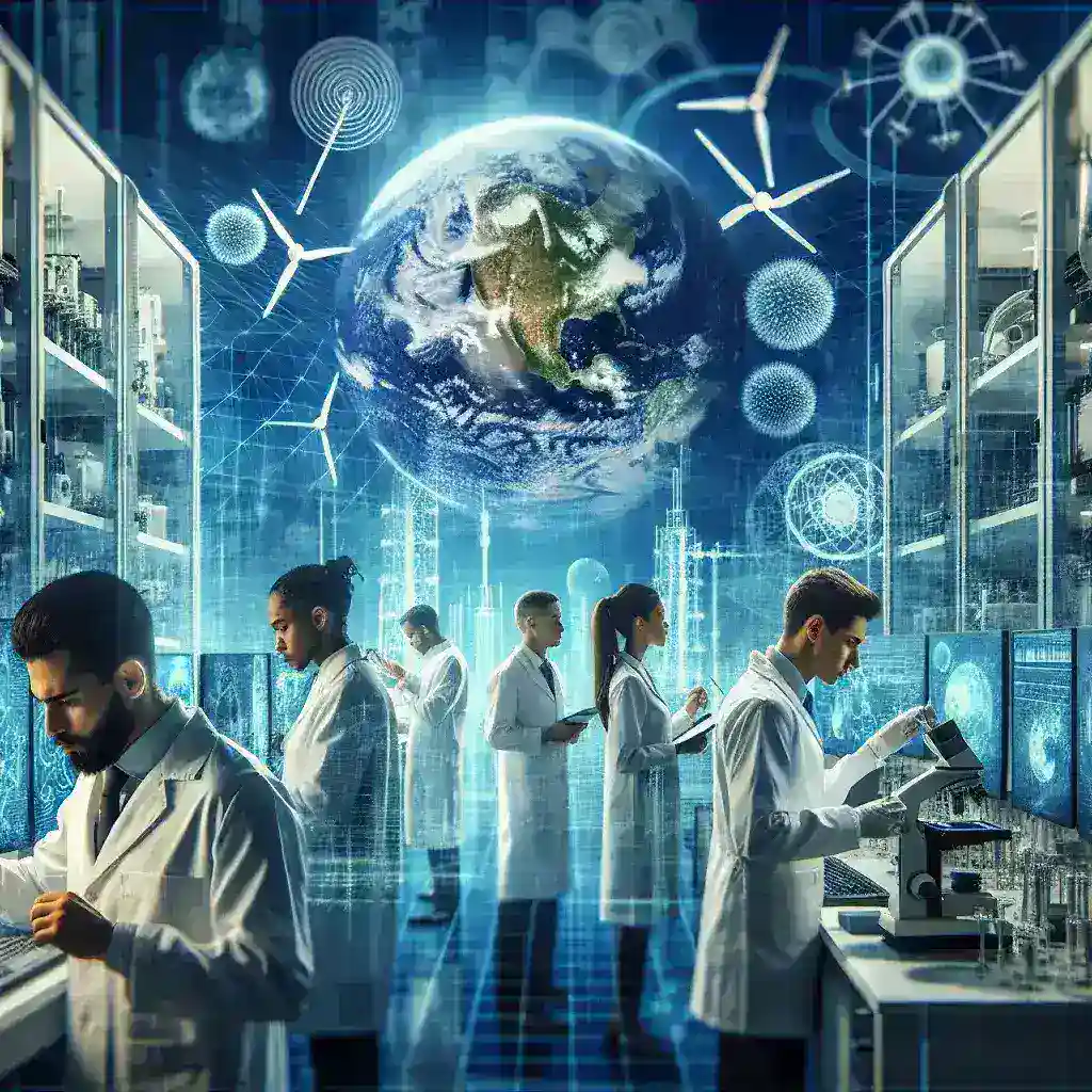 "Pesquisadores analisando dados sobre o impacto ambiental da infraestrutura 6G em um ambiente de laboratório moderno."