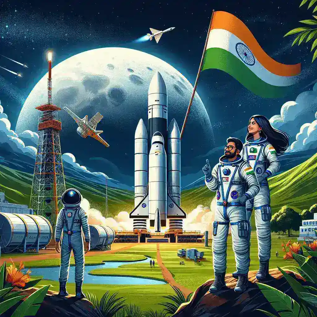 "Imagem de astronautas indianos em trajes espaciais durante um treinamento em ambiente lunar simulando a missão de exploração da Lua planejada pela Índia até 2035."