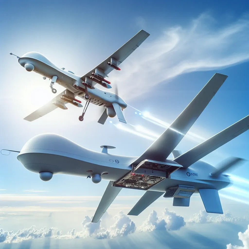 "Drone 'Nave-Mãe' ucraniano lançando drone menor em operação de combate contra aeronave russa - Inovação na Guerra."