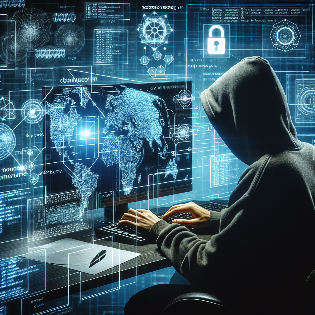 "Imagem ilustrativa de um profissional de segurança cibernética realizando um teste de penetração em um sistema, destacando a importância do teste de segurança para identificar vulnerabilidades em redes e proteger informações sensíveis."