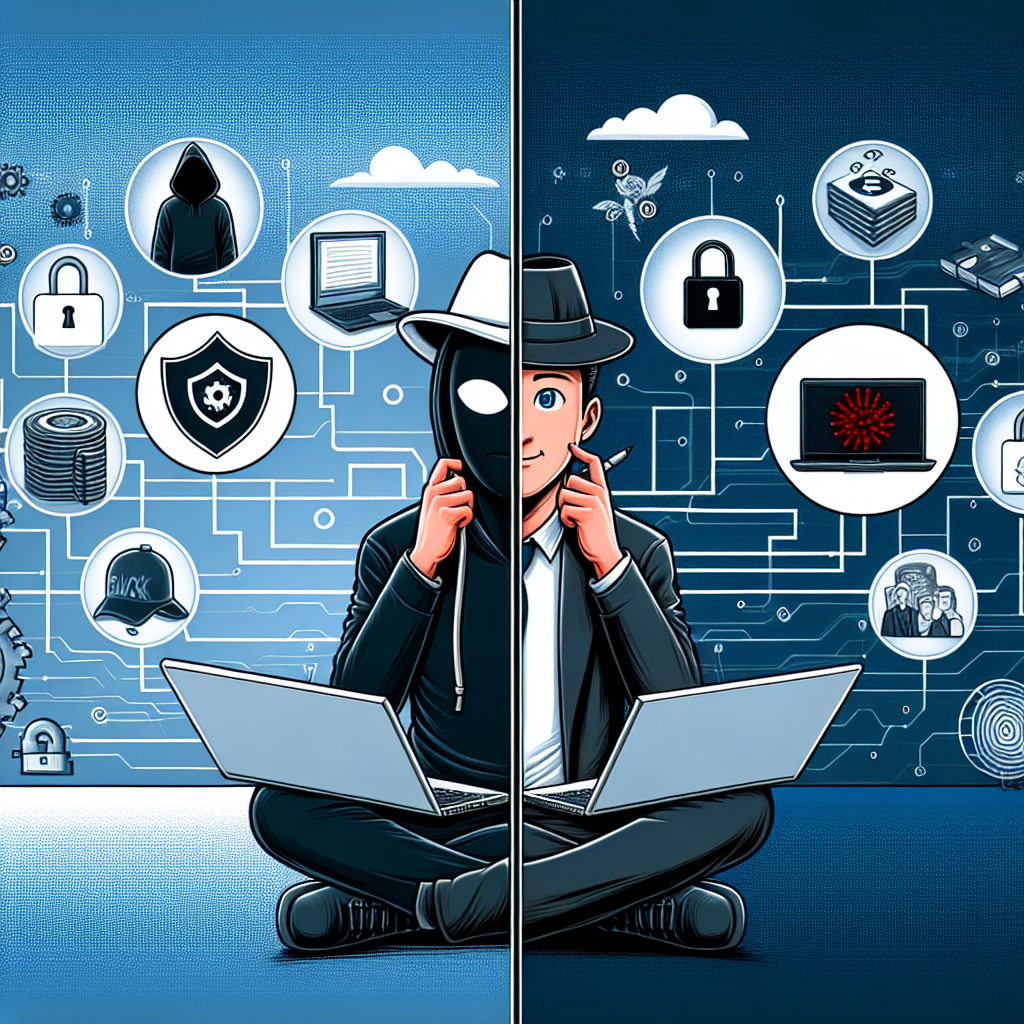 "Comparação visual entre hacking white hat e black hat, ilustrando as principais diferenças em técnicas de segurança cibernética e ética no hacking."